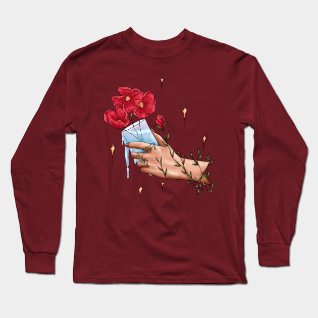 Aesthetic hand and red flowers Long Sleeve T-Shirt by Nindy Po